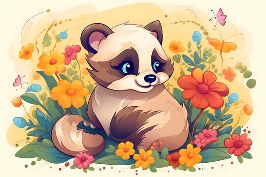 Cute little raccoon sitting in field of flowers and butterflies. Generative AI.