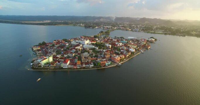 Beautiful Flores Island in Peten Guatemala. Sightseeing Place. Aerial View, Skyline. Drone Point Of View