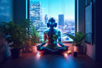 person sitting in lotus asana position next to a large window with lush green plants, as if they are meditating in a garden. ai generated