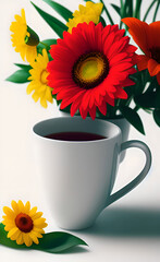 ai generator, artificial intelligence, neural network image. a white mug and a bouquet of flowers, colored gerberas. background for the design
