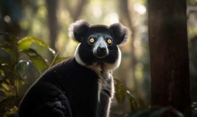 Indri in the Mist: Capturing the Wild Beauty of Madagascar's Primate. Photo of indri, standing tall and proud in the lush rainforest canopy illuminated by rays of sunlight. Generative AI