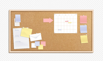Realistic cork board with memo papers. Vector illustration of bulletin with pinned message stickers, weekly schedule planner, to-do list sheet, blank color sticky notes. Time management template