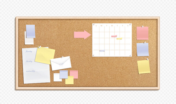 Realistic cork board with memo papers. Vector illustration of bulletin with pinned message stickers, weekly schedule planner, to-do list sheet, blank color sticky notes. Time management template