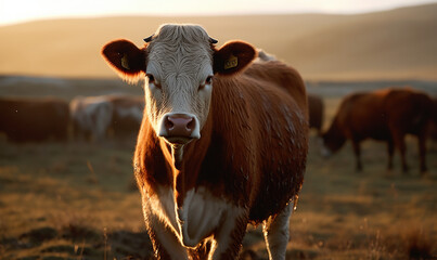 close up photo of Hereford cow on blurry background of its natural habitat. Generative AI
