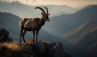 Photo of ibex, majestically standing atop a rocky outcrop overlooking the steep mountain valley below. image showcases the ibex's powerful build, impressive horns, and keen gaze. Generative AI