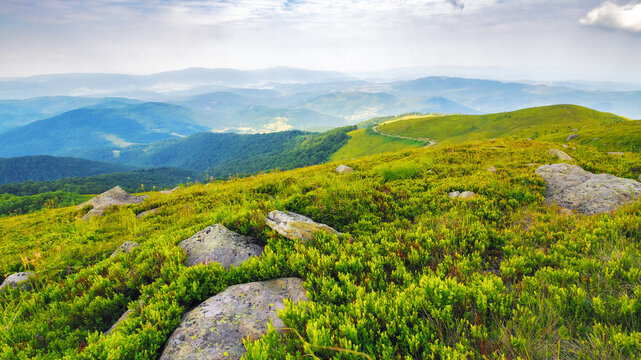 mountainous landscape with grassy rolling hills. countryside scenery of carpathian mountains, runa ridge, ukraine