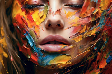 Beautiful woman's face made of oil paint, showcasing a unique and artistic creative approach to beauty. Ai generated