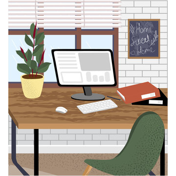 Home office interior with computer on desk vector