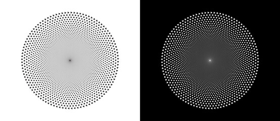 Modern abstract background with halftone triangles in circle form. Round logo. Black shape on a white background and the same white shape on the black side.