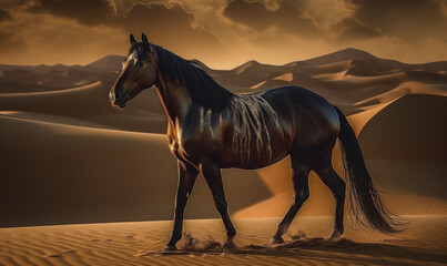 Photo of horse, a majestic Arabian breed standing tall and proud in the shimmering desert sand dunes and a breathtaking sunset. Generative AI
