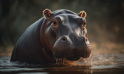 close up photo of hippopotamus on blurry natural background. Generative AI