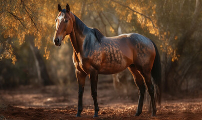 Obraz na płótnie Canvas sunset photo of Hackney show horse standing in an Autumn forest. Generative AI