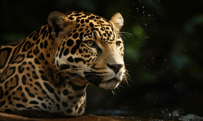 Fototapeta na wymiar close up photo of jaguar on blurry green jungle background. Generative AI
