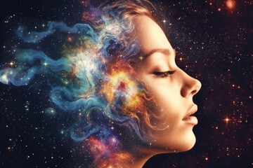 Beautiful woman's head with her eyes closed and her hair transformed into vibrant stars and galaxies, creating a dreamy and ethereal scene. Ai generated - obrazy, fototapety, plakaty