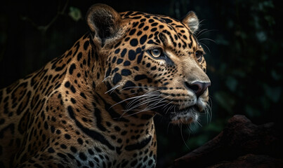 close up photo of jaguar on blurry green jungle background. Generative AI