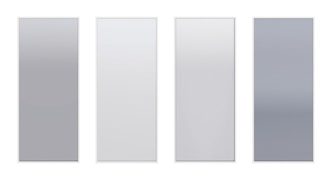 A set of modern white aluminum partitions with different types of glass. Clear dark glass, frosted glass, vertical corrugated glass, horizontal corrugated glass, Front view. 3d render