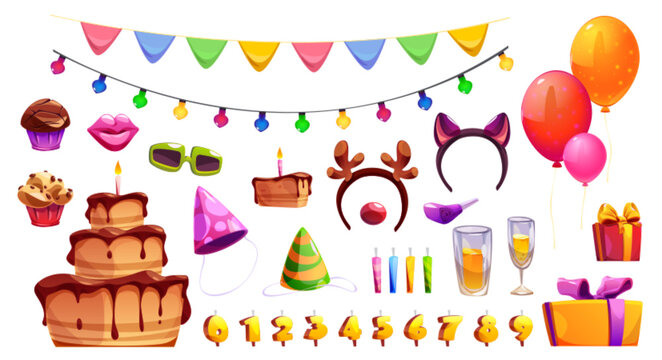 Child birthday party design elements set isolated on white background. Vector cartoon illustration of delicious cake, cupcakes, candles, festive hats, gift boxes, color air balloons, flags, garlands