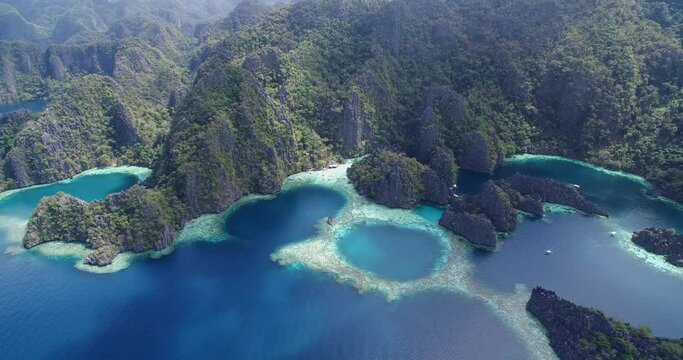 Twin Lagoon in a Very Popular Place Among Tourist in Coron, Palawan, Philippines. Landscape and Islands in Background. 4k Drone