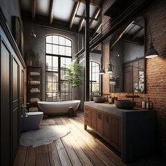 Fototapeta na wymiar Loft style bathroom interior. Modern bathroom in dark tones. interior of a house. 3d rendering.