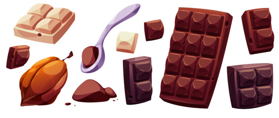 Dark, milk and white chocolate bar pieces, cocoa beans and powder. Chunks and blocks of sweet brown chocolate, spoon and pile of ground cacao, vector cartoon set