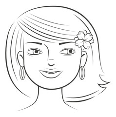 Visage de femme à colorier, dessin au trait noir, coiffure avec frange et fleur dans les cheveux, personnage féminin pour coloriage mode et beauté 