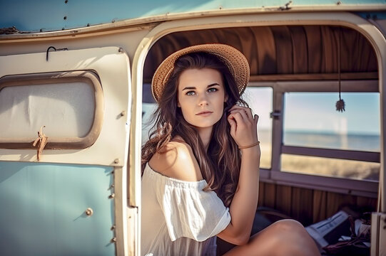 Vanlife Bliss: Gorgeous Young Woman Embracing Adventure in a Camper Van, ai generative