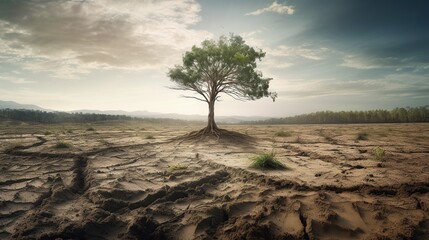 Single tree on drought desert ground. Impact of deforestation. Global warming ecological problem. Outdoor illustration with copy space. AI generative image.