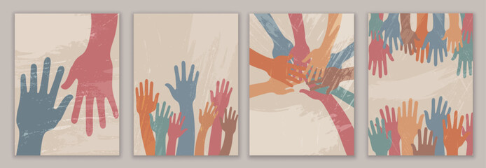 Raised hands group and hands in circle of people diverse culture - poster banner. Racial equality.People diversity community.Creative template landing page design - drawing paint brushes