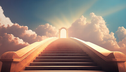 Stairway to heaven. Sunrise sky with clouds and stairs. Outdoor background. AI generative image.
