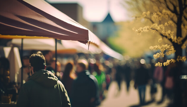 Abstract street fair blurred background, outdoor backdrop with copy space. AI generative image.