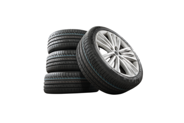 Car tires with a great profile in the car repair shop. Set of summer or winter tyres in front of white fond. On transparent PNG background.