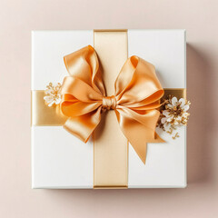 white gift box with gold ribbons on the table. High quality Generative AI