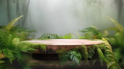 Wooden minimal product podium display with copy space on tropical forest background. Green leaves with showcase empty platform. AI generative image.