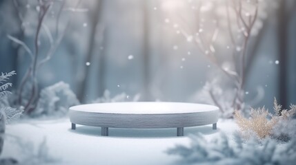 Winter fantasy background with round product podium display. Circular dais showcase in snow outdoor scene. AI generative image.