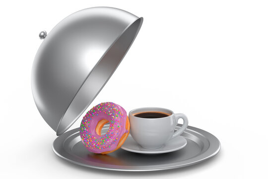 Metal tray with cloche ready to serve with ceramic coffee cup and doughnut