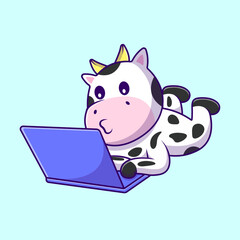 Cute Cow Playing Laptop Cartoon Vector Icons Illustration. Flat Cartoon Concept. Suitable for any creative project.