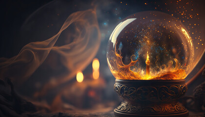 Illustration of magic crystal ball or glowing fortune teller sphere. Mystic background concept. AI generative image.