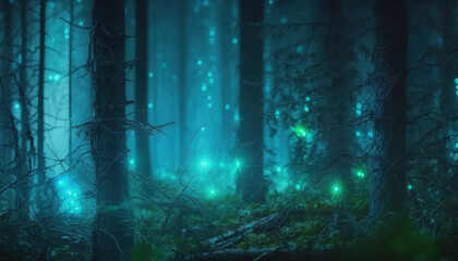 Beautiful green fantasy night forest with glowing fireflies. Outdoor fairy tale nature background with copy space. AI generative image.