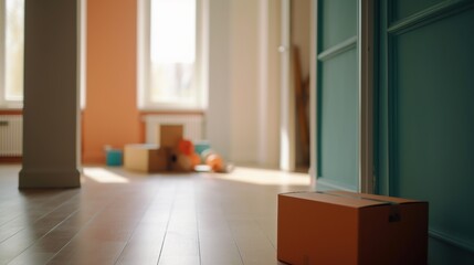 Fototapeta premium Clean empty room with stack of cardboard boxes, moving into a new house concept. Indoor empty interior background. AI generative image.