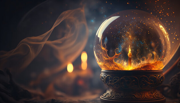 Illustration of magic crystal ball or glowing fortune teller sphere. Mystic background concept. AI generative image.