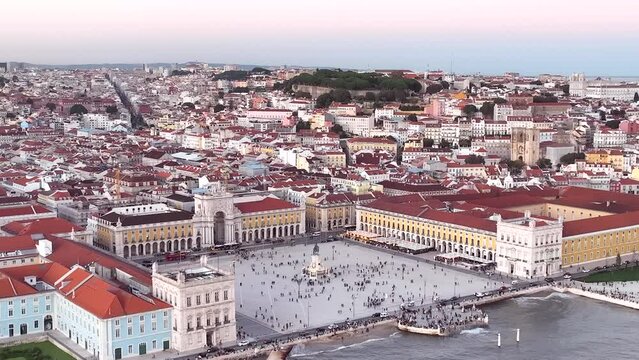 Commerce Square in Lisbon, Portugal. Palace Yard, Royal Palace of Ribeira. Drone Point of View. 4k. Sunset Light.