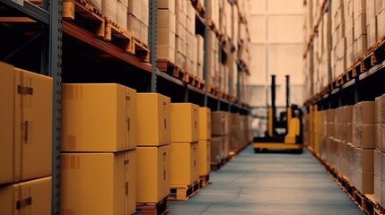 Illustration of modern spacious warehouse interior, logistic shelves with boxes. Storage indoor background. AI generative image.