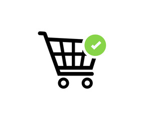 Shopping cart with check mark icon design. Web store shopping cart icon. Internet shop buy logo symbol sign vector design and illustration.
