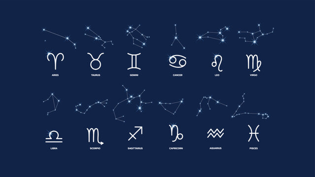 Set of 12 zodiac signs with constellations, beautiful modern astrology banner with blue background, astronomy and esoteric, horoscope vintage vector illustration.