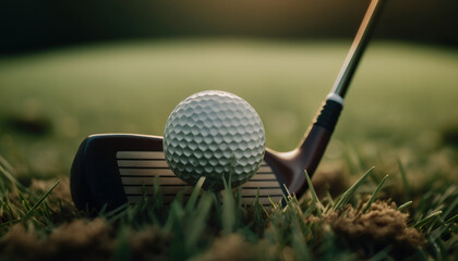 Close up golf ball and club on green grass course background. Sport game outdoor horizontal background. AI generative image.