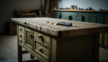 Fototapeta premium Empty wooden table at the carpentry workshop, work place background. AI generative image.