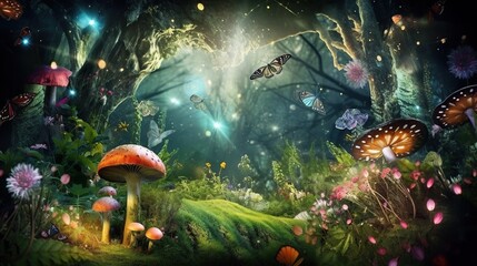 Beautiful and mysterious enchanted forest with mushrooms, fireflies, butterflies and other creatures and plants. Copy space in the middle, outdoor nature background. AI generative image.