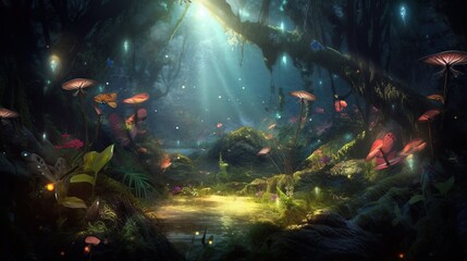 Obraz na płótnie Canvas Beautiful and mysterious enchanted forest with mushrooms, fireflies, butterflies and other creatures and plants. Copy space in the middle, outdoor nature background. AI generative image.