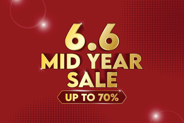 6.6 Mid year sale poster or banner vector template design. Big sale event on the red background. Ads for web, social media, shopping online.