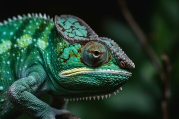 Fototapeta premium Green chameleon closeup natural. Generate Ai